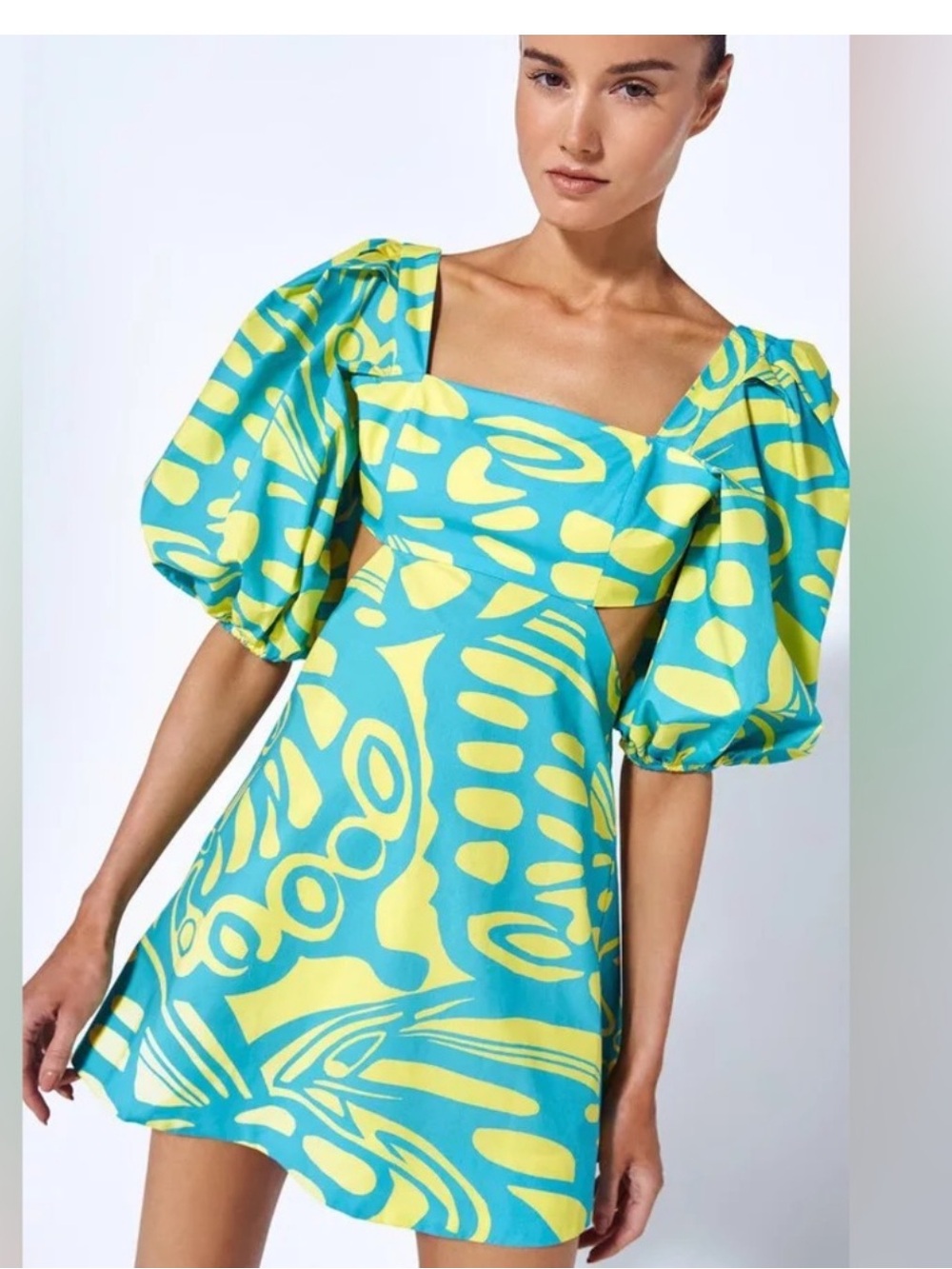 ALEXIS Bodhi Dress Puff Sleeve Mini Turquoise and Yellow Sz XL